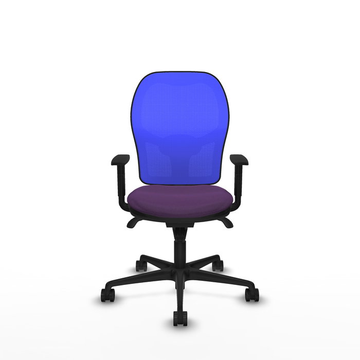 Silla de oficina Jorquera con mecanismo Sincro tapizada con Tela color Morado y malla color Azul. Equipada con lumbar 1D, Brazos 1D y Ruedas 65mm nailon