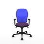 Silla de oficina Jorquera con mecanismo Sincro tapizada con Tela color Morado y malla color Azul. Equipada con lumbar 1D, Brazos 1D y Ruedas 65mm nailon