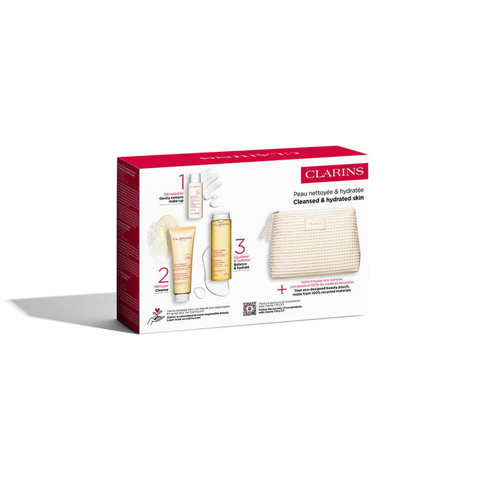 Clarins Estuche Esencial de Limpieza 4 Piezas para Pieles Normales-Secas - Espuma Limpiadora 125 ml, Loción Tónica 200 ml, Leche Desmaquillante 50 ml, Neceser