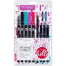 Tombow Set Lettering Avanzado Estuche con 4 rotuladores ABT Dual Brush, Blender Pen, Lápiz MONO 100 3H, Rotuladores Fudenosuke y MONO Twin, Goma MONO XS