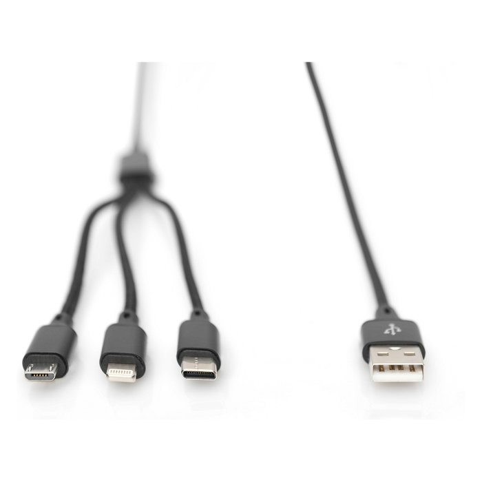 Digitus Cable de carga 3 en 1 USB-A a Lightning, Micro USB y USB-C, 1 m, Negro