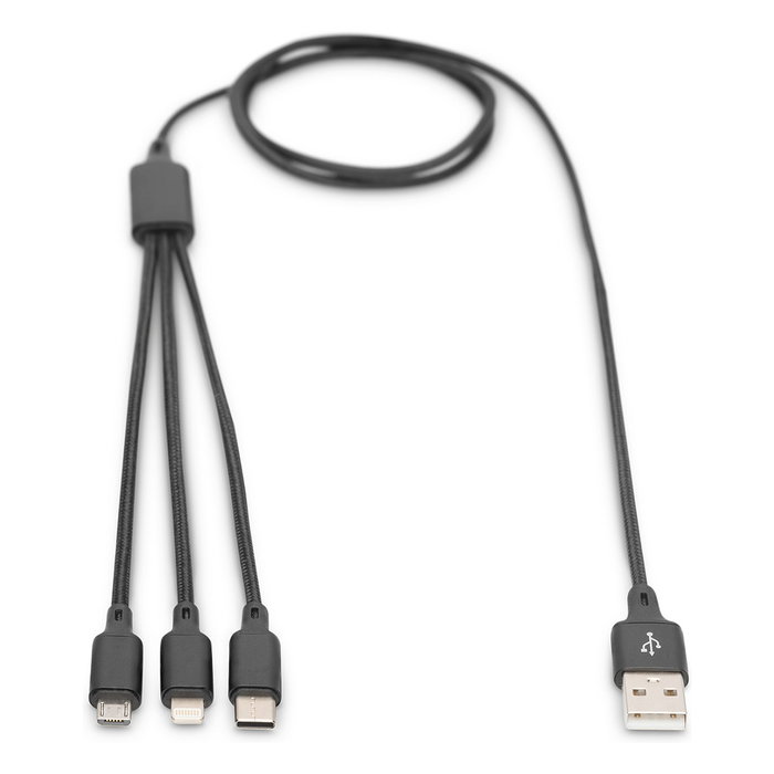 Digitus Cable de carga 3 en 1 USB-A a Lightning, Micro USB y USB-C, 1 m, Negro
