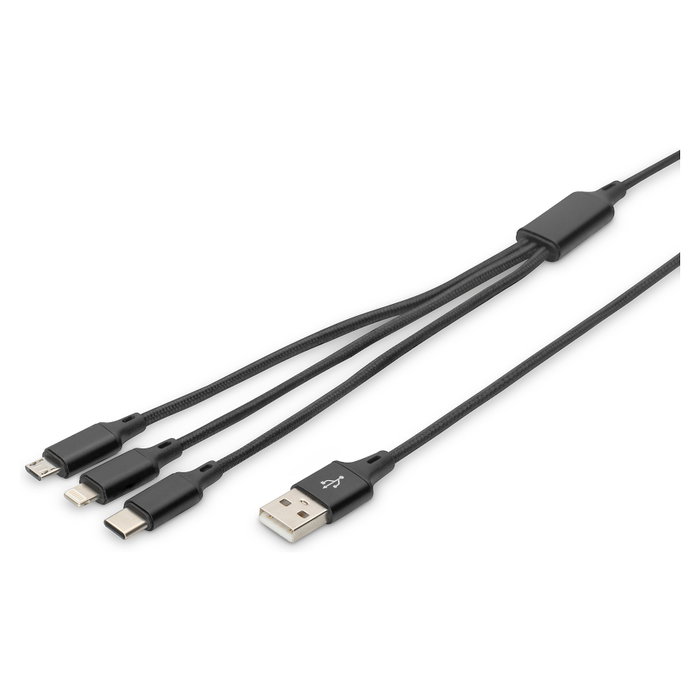 Digitus Cable de carga 3 en 1 USB-A a Lightning, Micro USB y USB-C, 1 m, Negro