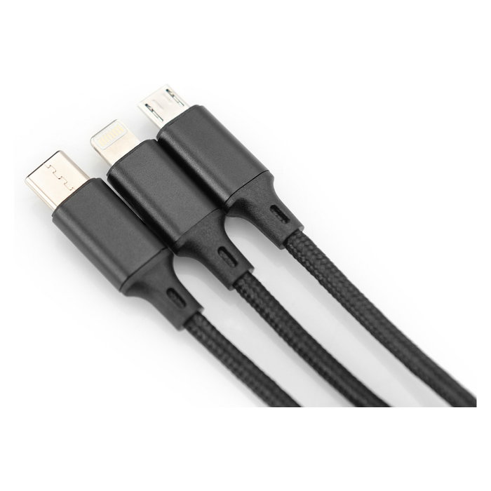 Digitus Cable de carga 3 en 1 USB-A a Lightning, Micro USB y USB-C, 1 m, Negro