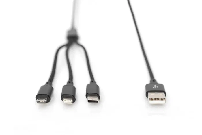 Digitus AK-300160-010-S Cable de Carga USB-A 3 en 1 para Lightning, Micro USB y USB-C de 1 m, Negro
