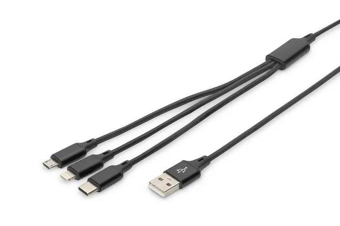 Digitus AK-300160-010-S Cable de Carga USB-A 3 en 1 para Lightning, Micro USB y USB-C de 1 m, Negro