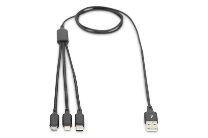Digitus AK-300160-010-S Cable de Carga USB-A 3 en 1 para Lightning, Micro USB y USB-C de 1 m, Negro