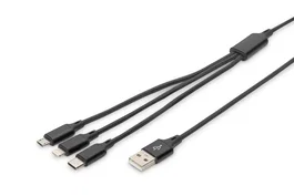 Digitus AK-300160-010-S Cable de Carga USB-A 3 en 1 para Lightning, Micro USB y USB-C de 1 m, Negro