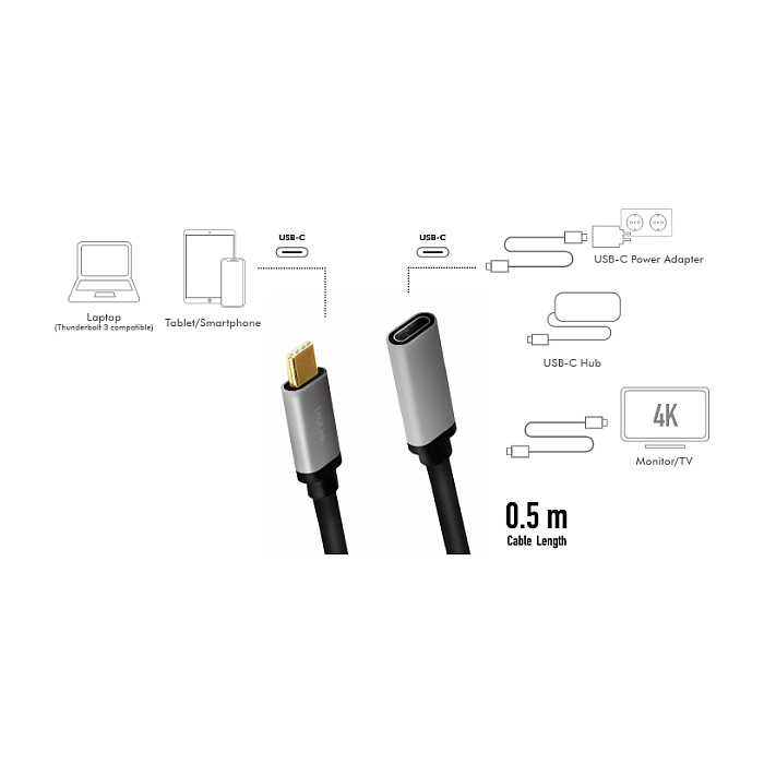 LogiLink Cable USB 3.2 Gen2 Type-C, C/M a C/F, 10 Gbps, 100W, 4K, 0,5 m, negro/gris LogiLink Cable USB 3.2 Gen2 Type-C, C/M a C/F, 10 Gbps, 100W, 4K, 0,5 m, negro/gris