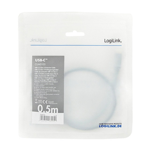 LogiLink Cable USB 3.2 Gen2 Type-C, C/M a C/F, 10 Gbps, 100W, 4K, 0,5 m, negro/gris LogiLink Cable USB 3.2 Gen2 Type-C, C/M a C/F, 10 Gbps, 100W, 4K, 0,5 m, negro/gris