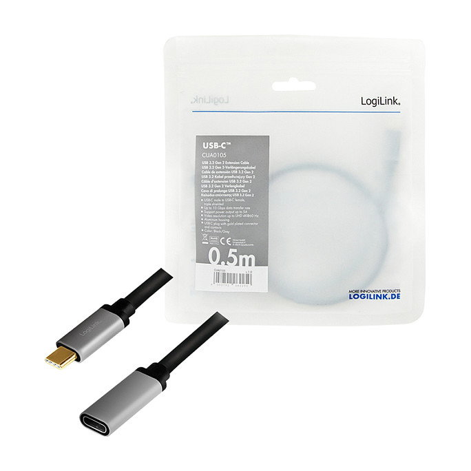 LogiLink Cable USB 3.2 Gen2 Type-C, C/M a C/F, 10 Gbps, 100W, 4K, 0,5 m, negro/gris LogiLink Cable USB 3.2 Gen2 Type-C, C/M a C/F, 10 Gbps, 100W, 4K, 0,5 m, negro/gris
