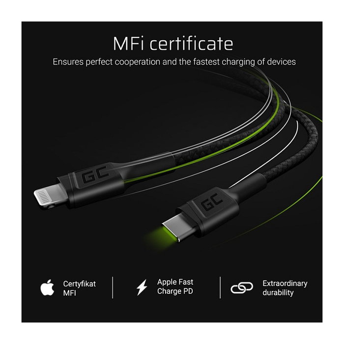 Green Cell Cable USB-C a Lightning KABGC07 Negro 1m
