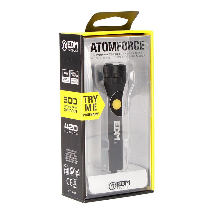 Edm Atom Force Mini Linterna LED Recargable USB-C 10W 420 Lúmenes, Aluminio IP44, 5 Modos de Luz
