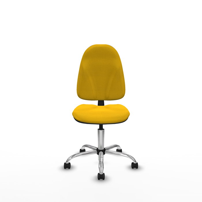 Silla de oficina Algarra con mecanismo Contacto permanente básico tapizada con Tela color Amarillo. Equipada con Base cromada, Sin brazos y Ruedas de parqué