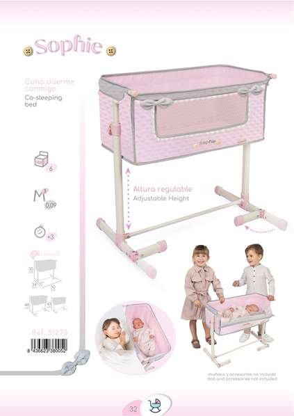 Decuevas Cuna Regulable para Muñecas de hasta 48 cm - Duerme Conmigo, Edad 3 Años, Material Metal/Plástico/Poliéster