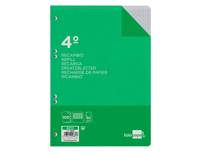 Liderpapel Recambio Cuarto 100 Hojas 60gr Milimetrado 2mm Sin Margen 6 Taladros