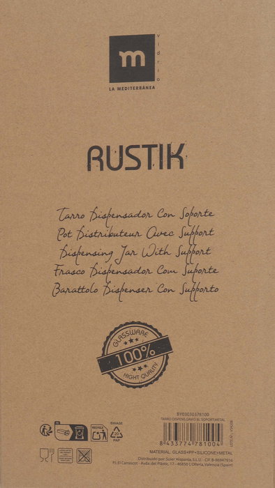 Inde Tarro Dispensador con Grifo 8L con Soporte de Metal, 21,2 cm (Ancho) x 37,8 cm (Alto) x 21,1 cm (Largo) (4 Unidades)