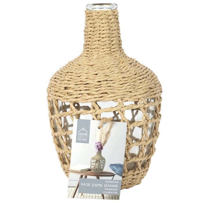 Home Deco Factory Jarrón o Garrafa Damajuana Rustico Colección Natural, Vidrio con Trenzado de Papel, Diámetro 16 cm Altura 25.5 cm