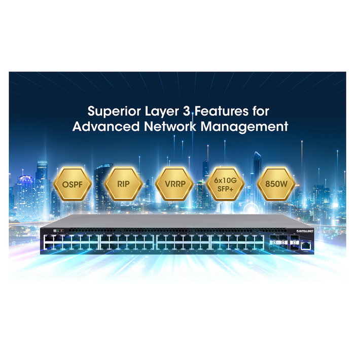 Intellinet 54-P Puerto PoE+ Managed Switch L3 48x Gigabit 6x 10GbE SFP+ 850W