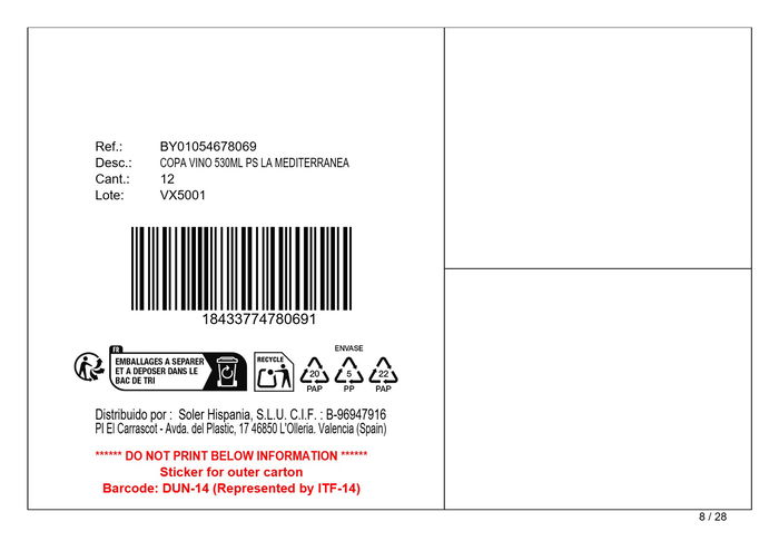 Inde Copa Vino 530 ml 20.9 cm alto x 9 cm ancho x 6.5 cm largo (12 Unidades)