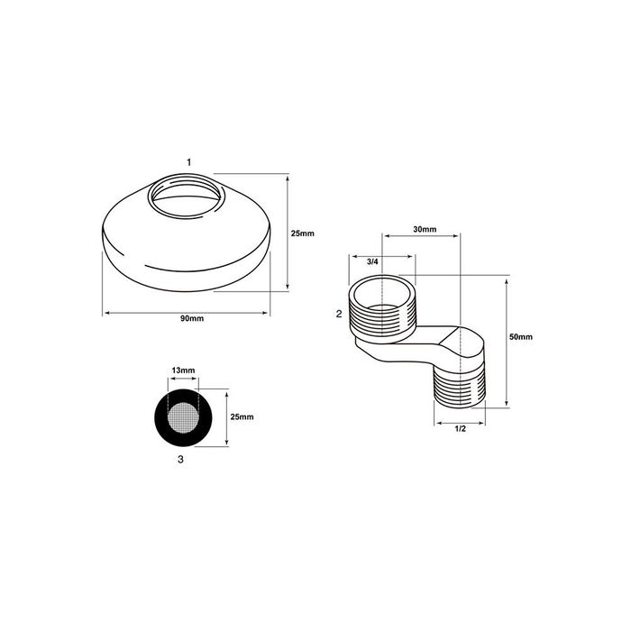 Verhal Kit de Excéntricas y Florones Grandes - 2 Excéntricas 1/2"-3/4" x 50 mm, 2 Florones Ø65 x 20 mm, 2 Juntas con Filtro Ø13-Ø25 mm