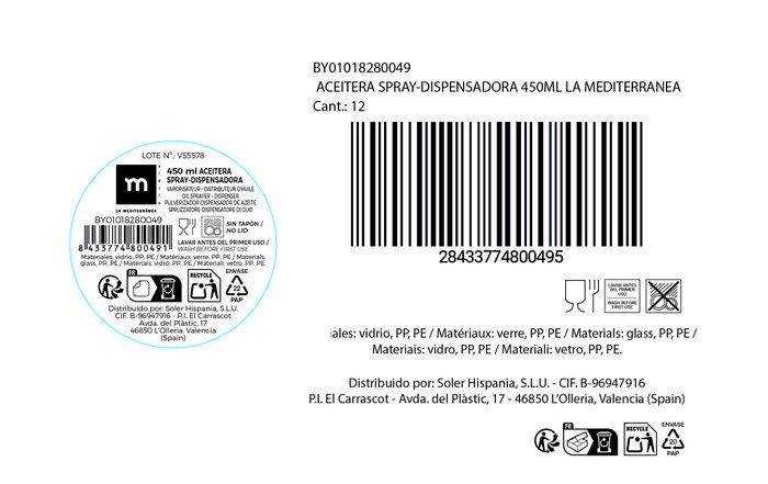 Inde Aceitera Spray-Dispensadora 450 ml - 10.2x8x18.5 cm La Mediterranea (24 Unidades)