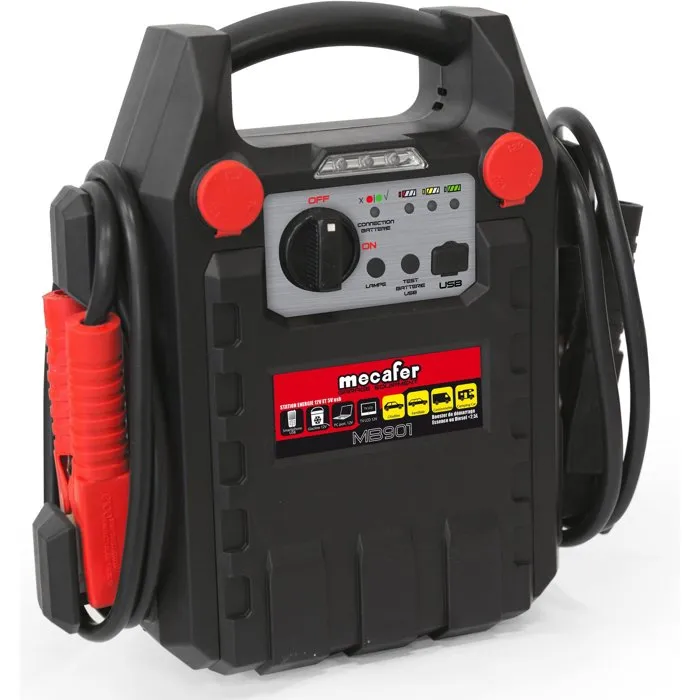 Mecafer Arrancador de batería MB 901 900A 12V 17Ah con 3 LED indicadores de carga y luz de emergencia Mecafer Arrancador de batería MB 901 900A 12V 17Ah con 3 LED indicadores de carga y luz de emergencia