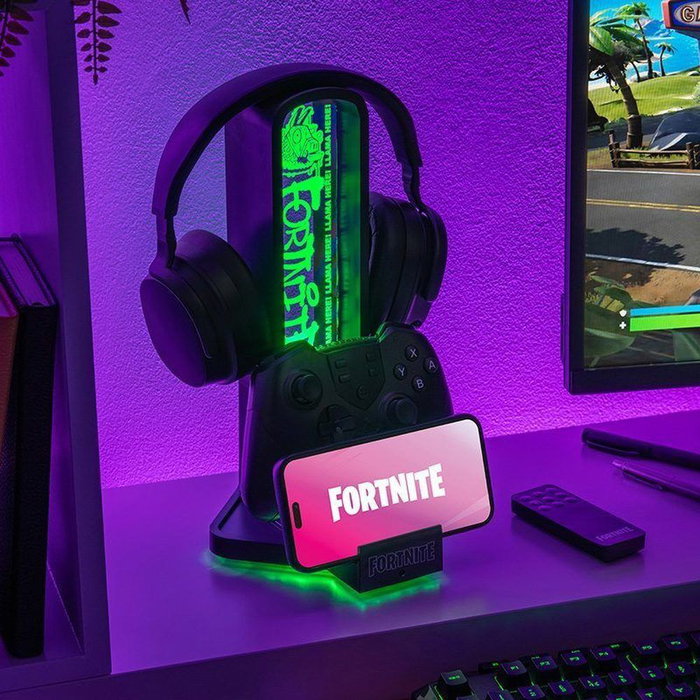 PALADONE Soporte Auriculares 3 en 1 con Carga, Base para Mando y Luz RGB Cambiante - Estación para Fortnite