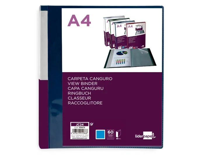 Liderpapel Carpeta con 60 fundas tipo canguro, DIN A4, azul translúcido