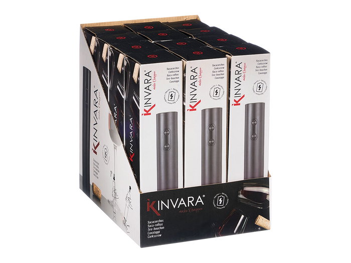 Kinvara Sacacorchos Eléctrico Negro con Pilas, Dimensiones 5.5 x 23 x 5.5 cm (4xAA no incluidas), Apertura Automática (Set de 12)