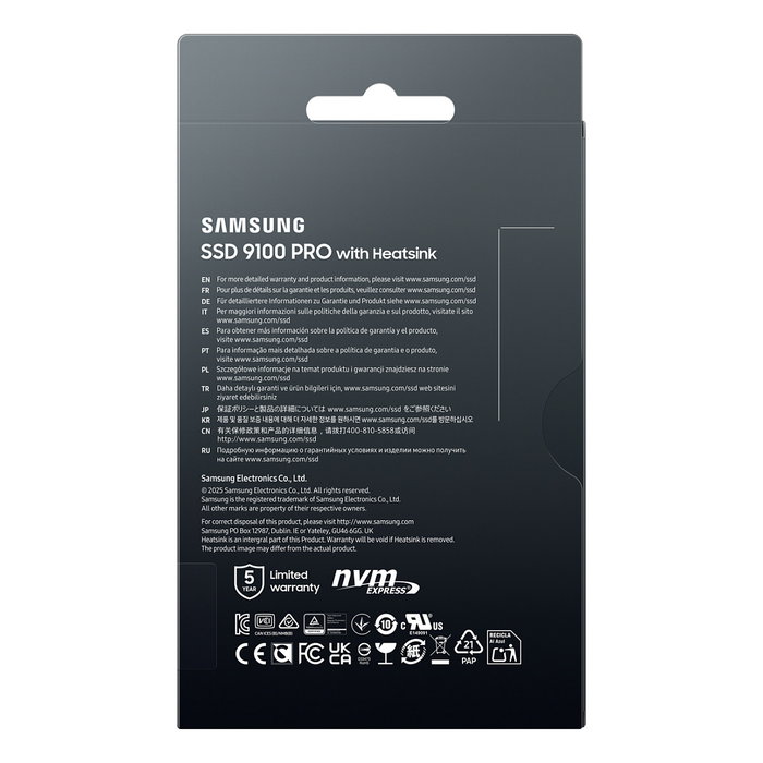 Samsung 9100 Pro Heatsink NVMe 1TB PCIe 5.0 SSD Interna M.2 2280, Lectura 14700 MB/s, Escritura 13300 MB/s Samsung 9100 Pro Heatsink NVMe 1TB PCIe 5.0 SSD Interna M.2 2280, Lectura 14700 MB/s, Escritura 13300 MB/s