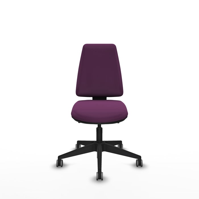 Silla de oficina Elche con mecanismo Asincro tapizada con Similpiel color Morado. Equipada con Base piramidal negra, Sin brazos y Ruedas 65 mm parqué