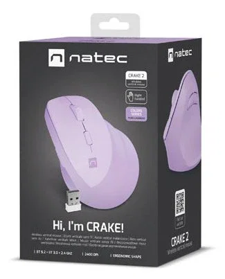 Natec Crake 2 Ratón Ergonómico Vertical Inalámbrico para Mano Derecha, Bluetooth 5.2 + RF 2.4GHz, 2400 DPI, 6 Botones, Compatible con Windows/macOS/Android/iOS, Color Lavanda