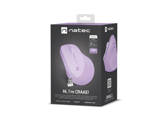 Natec Crake 2 Ratón Vertical Inalámbrico Bluetooth 5.2 + 2.4GHz Lavanda