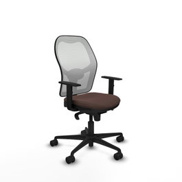 Silla de oficina Jorquera con mecanismo Sincro tapizada con Similpiel color Marrón oscuro y malla color Blanco. Equipada con lumbar 1D, Brazos 1D y Ruedas 65mm nailon