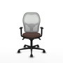 Silla de oficina Jorquera con mecanismo Sincro tapizada con Similpiel color Marrón oscuro y malla color Blanco. Equipada con lumbar 1D, Brazos 1D y Ruedas 65mm nailon