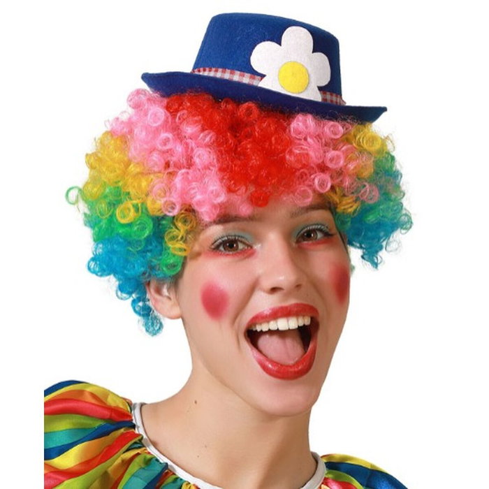 Atosa Sombrero de Disfraz de Payaso Adulto en Fieltro Azul con Flor Blanca y Cinta de Cuadros