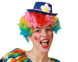 Atosa Sombrero de Disfraz de Payaso Adulto en Fieltro Azul con Flor Blanca y Cinta de Cuadros