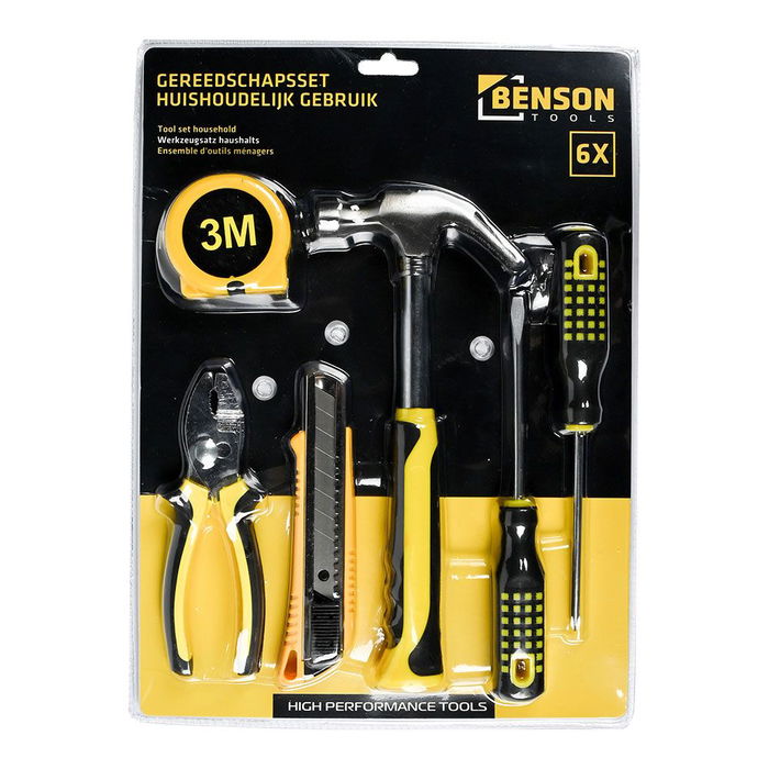 Benson Set de herramientas 6 unidades: flexómetro, martillo, cutter, 2 destornilladores y alicates