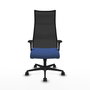 Sillón Albacete con mecanismo Sincro tapizada con Tela color Azul marino y malla color Negro. Equipado con Base nailon negra, Brazos 1D y Ruedas 65mm nailon