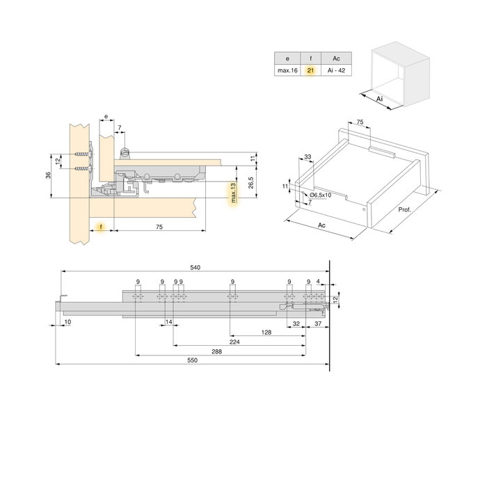 Emuca Juego de guías ocultas para cajones Silver, de extracción total, con cierre suave y enganche, profundidad 540mm, Acero, Cincado