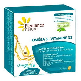 FLEURANCE NATURE Omega 3-Vitamina D3 30 Capsulas / 30 Dias Vegano Origen Vegetal Sistema Inmunitario Huesos Muscular Cerebro Vision