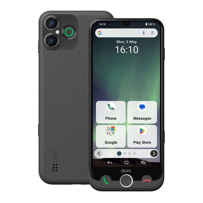 Doro Aurora A30 Smartphone Grafito, 6.1", 6 GB RAM + 128 GB, Android 14, Cámara 50 MP, Batería 5000 mAh, Carga Inalámbrica, 4G, Wi-Fi 5, Bluetooth 5.4, NFC