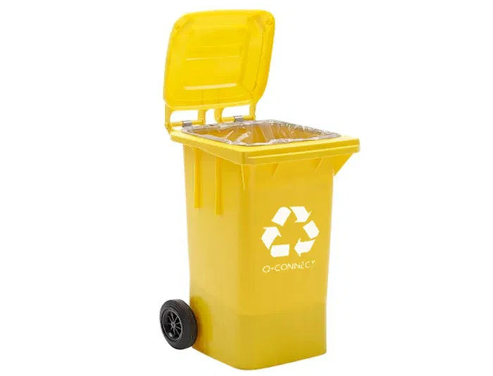 Q-connect Papelera Contenedor Plástico Amarillo para Plásticos y Envases Metálicos 100L con Tapa y Ruedas 750x470x370 mm