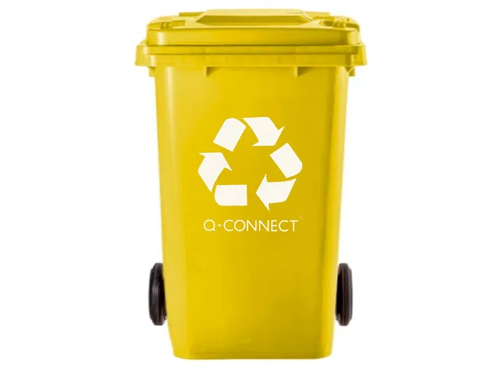 Q-connect Papelera Contenedor Plástico Amarillo para Plásticos y Envases Metálicos 100L con Tapa y Ruedas 750x470x370 mm