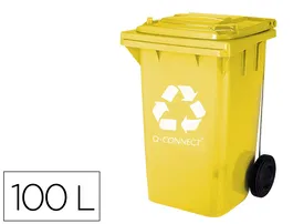 Q-connect Papelera Contenedor Plástico Amarillo para Plásticos y Envases Metálicos 100L con Tapa y Ruedas 750x470x370 mm