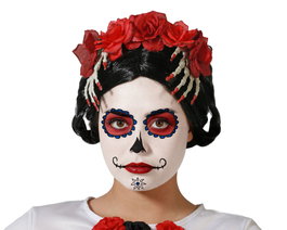 Atosa Disfraz de Catrina con Peinado y Flores Rojas para Mujer