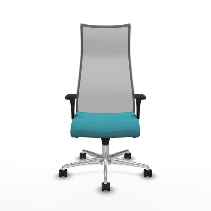 Sillón Albacete con mecanismo Sincro tapizada con Tela color Turquesa y malla color Gris. Equipado con Base aluminio, Brazos 1D y Ruedas 65mm nailon