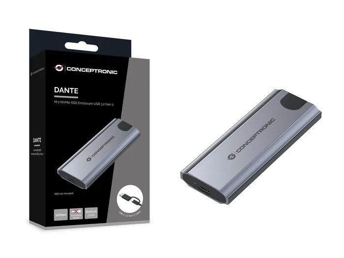 Conceptronic DANTE05G Caja Externa para SSD M.2 NVMe USB 3.2 Gen 2 (10 Gbps) Tipo C de Aluminio Gris