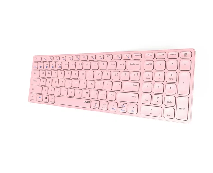 Rapoo E9700M Teclado Oficina Inalámbrico RF + Bluetooth 5.0 2.4 GHz, Diseño Ultrafino 100% QWERTY Inglés Internacional, Switch Tecla Tijera, Color Rosa, Batería Recargable